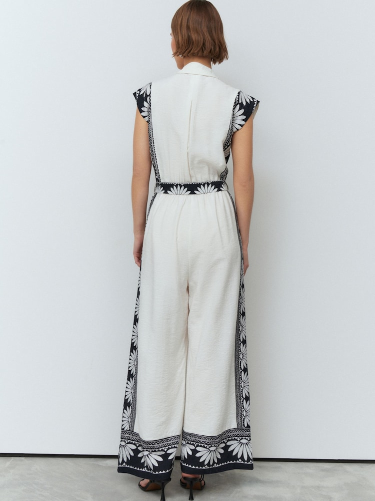 White/Black Placement Floral Short Sleeve Tie Waist Placket Detail Jumpsuit - Image 3 of 8