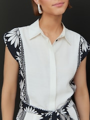 White/Black Placement Floral Short Sleeve Tie Waist Placket Detail Jumpsuit - Image 5 of 8