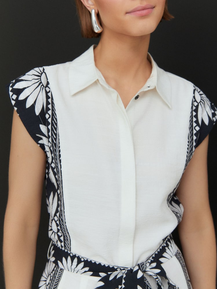 White/Black Placement Floral Short Sleeve Tie Waist Placket Detail Jumpsuit - Image 5 of 8