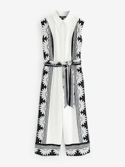 White/Black Placement Floral Short Sleeve Tie Waist Placket Detail Jumpsuit - Image 6 of 8
