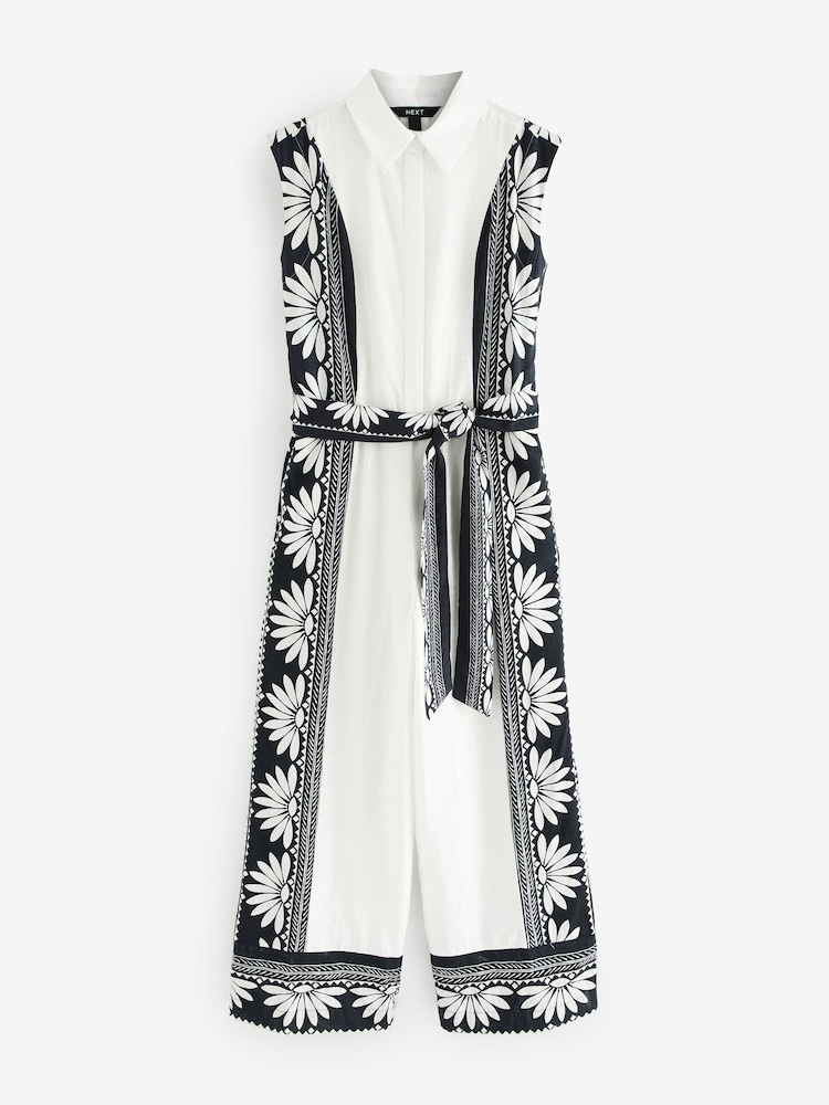 White/Black Placement Floral Short Sleeve Tie Waist Placket Detail Jumpsuit - Image 6 of 8