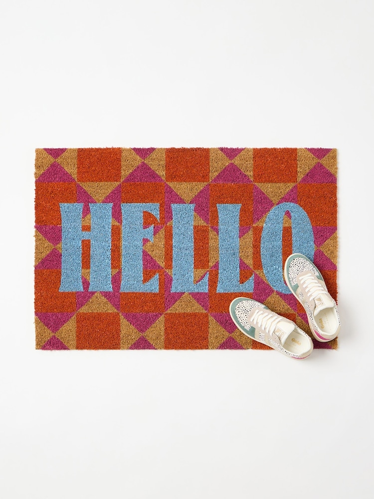 Oliver Bonas Pink Hello Geometric Doormat - Image 1 of 3 Oliver Bonas Pink Hello Geometric Doormat - Image 1 of 3