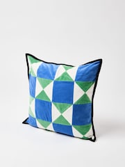 Oliver Bonas Blue Geometric Patchwork Velvet Cushion Cover - Image 1 of 3