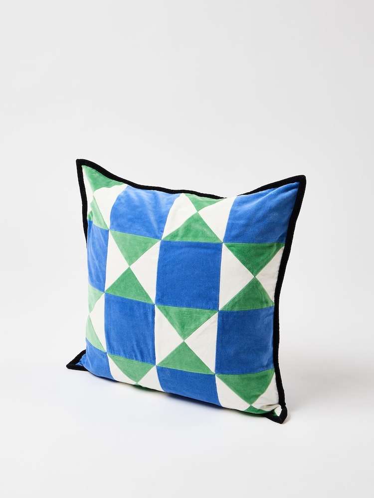 Oliver Bonas Blue Geometric Patchwork Velvet Cushion Cover - Image 1 of 3