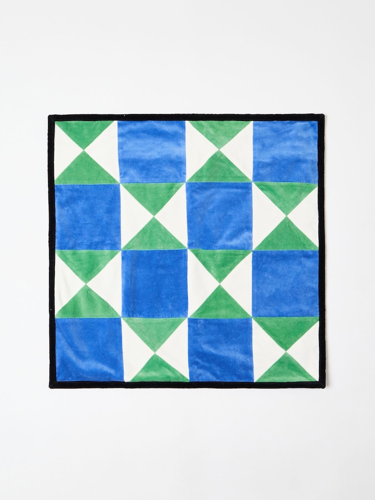 Oliver Bonas Blue Geometric Patchwork Velvet Cushion Cover - Image 2 of 3