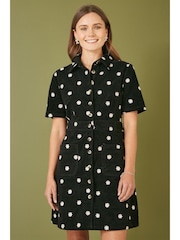 Yumi Black Daisy Embroidered Corduroy Shirt Dress - Image 1 of 4