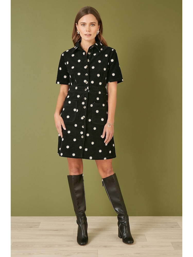 Yumi Black Daisy Embroidered Corduroy Shirt Dress - Image 2 of 4