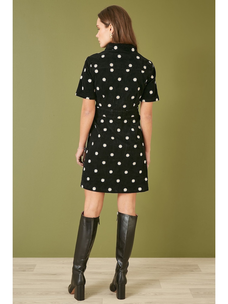 Yumi Black Daisy Embroidered Corduroy Shirt Dress - Image 3 of 4