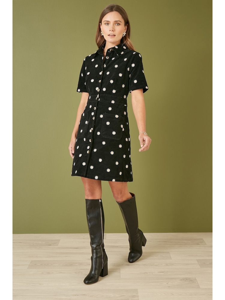 Yumi Black Daisy Embroidered Corduroy Shirt Dress - Image 4 of 4