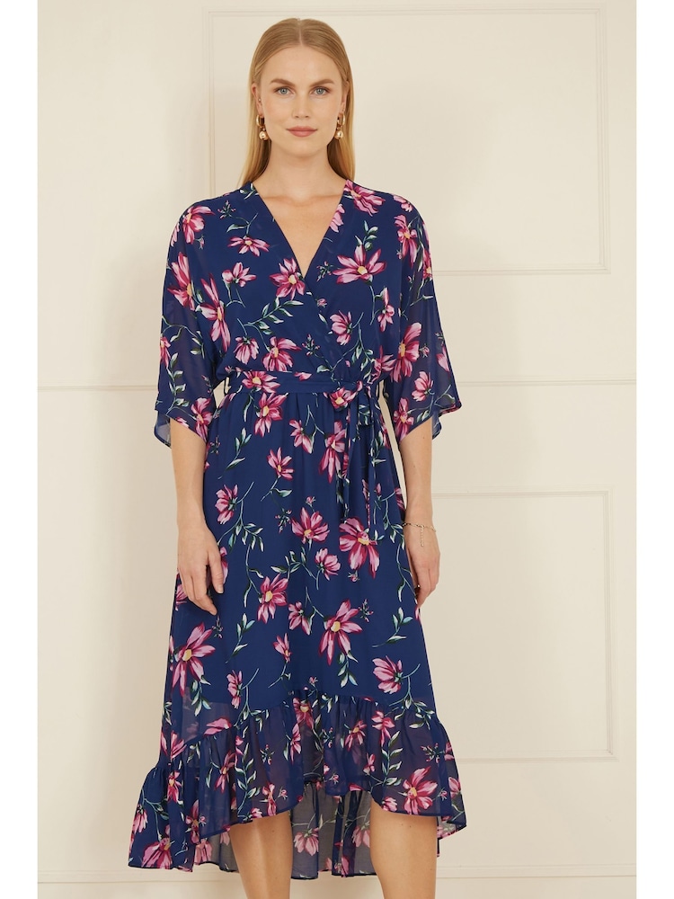 Yumi Blue Floral Kimono Dipped Hem Dress - Image 1 of 5