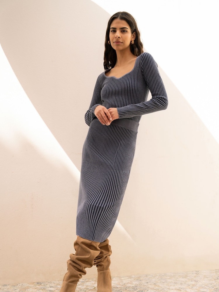 Yumi Blue Ribbed Knitted Midi Skirt - Image 2 of 5
