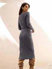 Yumi Blue Ribbed Knitted Midi Skirt - Image 4 of 5