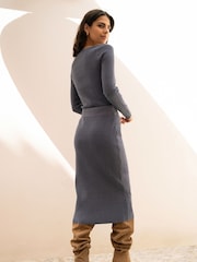 Yumi Blue Rib Knitted Fitted Jumper With Sweetheart Neckline - Image 2 of 5