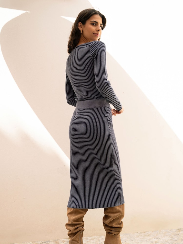 Yumi Blue Rib Knitted Fitted Jumper With Sweetheart Neckline - Image 2 of 5