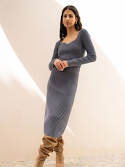 Yumi Blue Rib Knitted Fitted Jumper With Sweetheart Neckline - Image 4 of 5