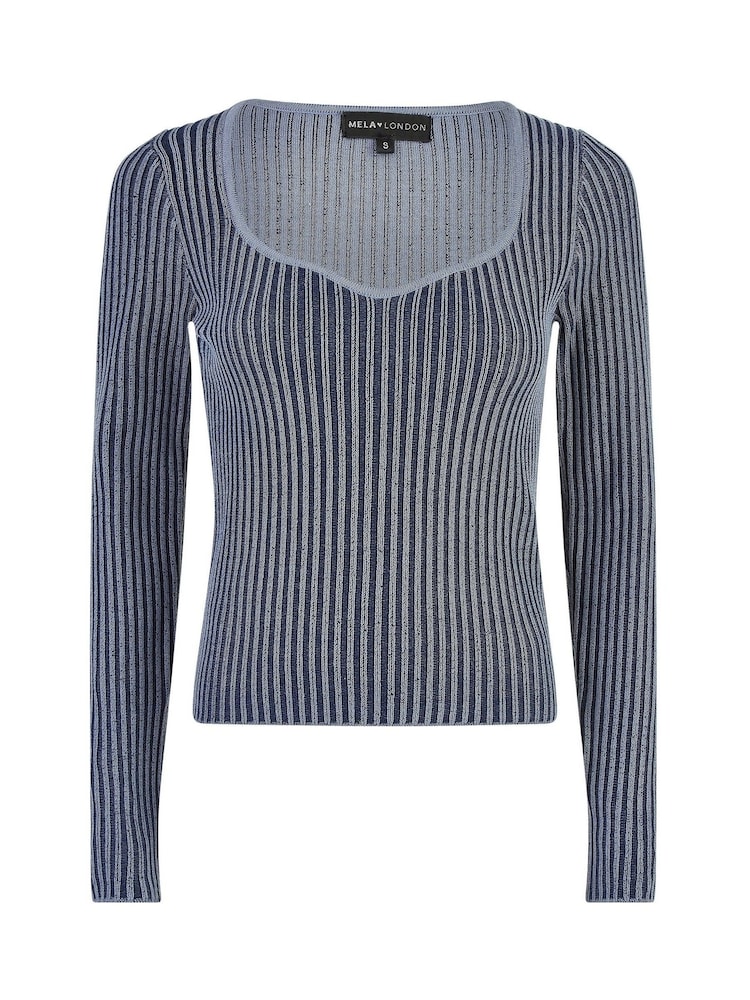 Yumi Blue Rib Knitted Fitted Jumper With Sweetheart Neckline - Image 5 of 5