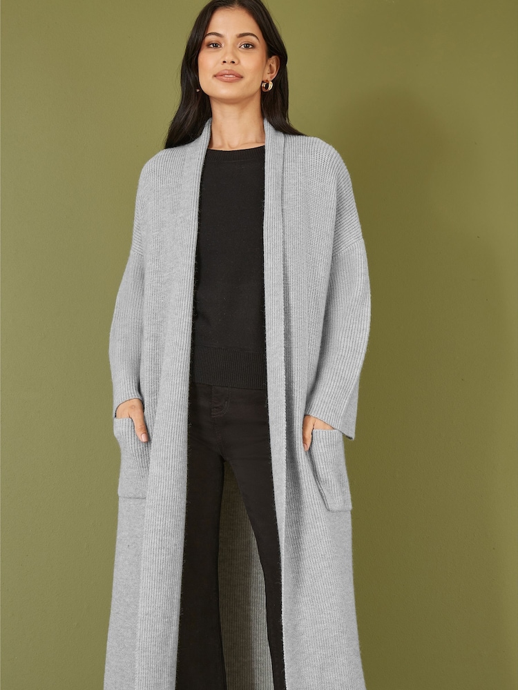 Yumi Grey Knitted Maxi Cardigan With Pockets - Image 1 of 4 Yumi Grey Knitted Maxi Cardigan With Pockets - Image 1 of 4