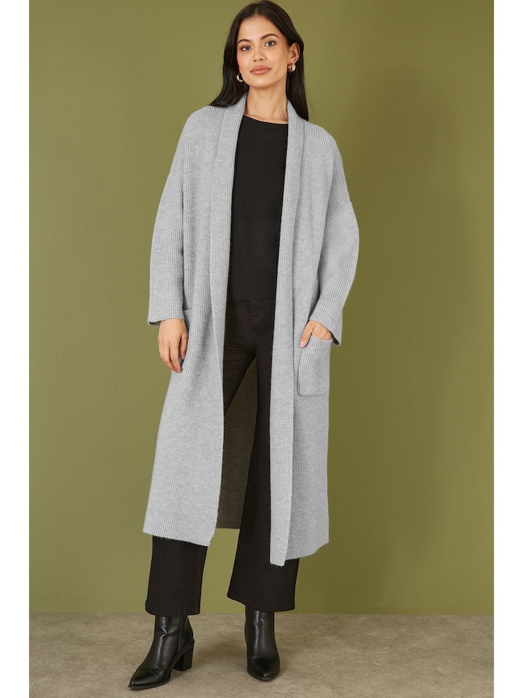 Yumi Grey Knitted Maxi Cardigan With Pockets - Image 2 of 4 Yumi Grey Knitted Maxi Cardigan With Pockets - Image 2 of 4
