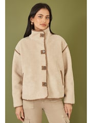 Yumi Cream Borg High Neck Jacket With Faux Leather Trims - Image 1 of 5