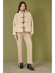 Yumi Cream Borg High Neck Jacket With Faux Leather Trims - Image 2 of 5
