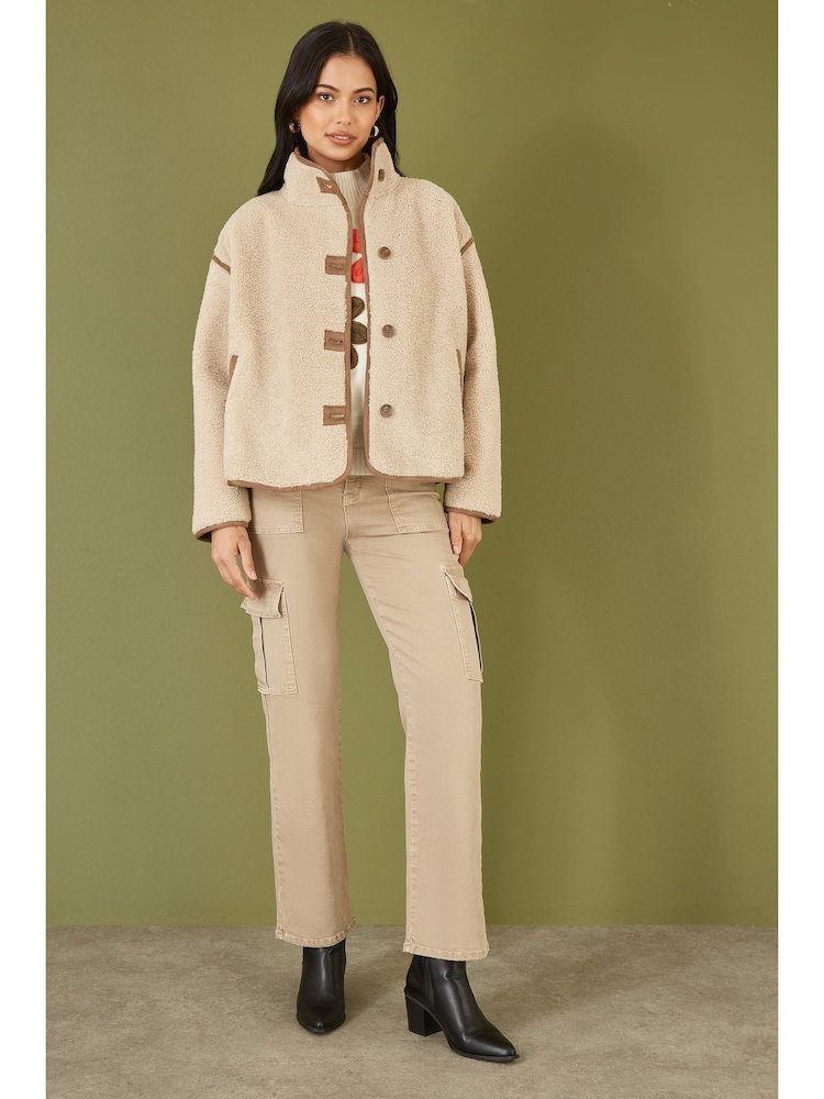 Yumi Cream Borg High Neck Jacket With Faux Leather Trims - Image 2 of 5