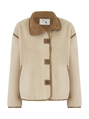 Yumi Cream Borg High Neck Jacket With Faux Leather Trims - Image 5 of 5