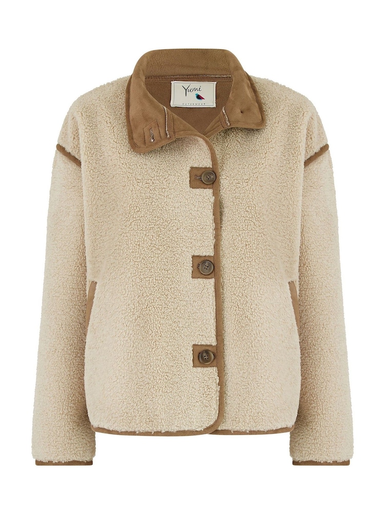 Yumi Cream Borg High Neck Jacket With Faux Leather Trims - Image 5 of 5