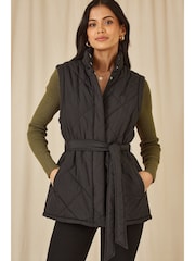 Yumi Black High Neck Quilted Gilet With Belt - Image 1 of 5