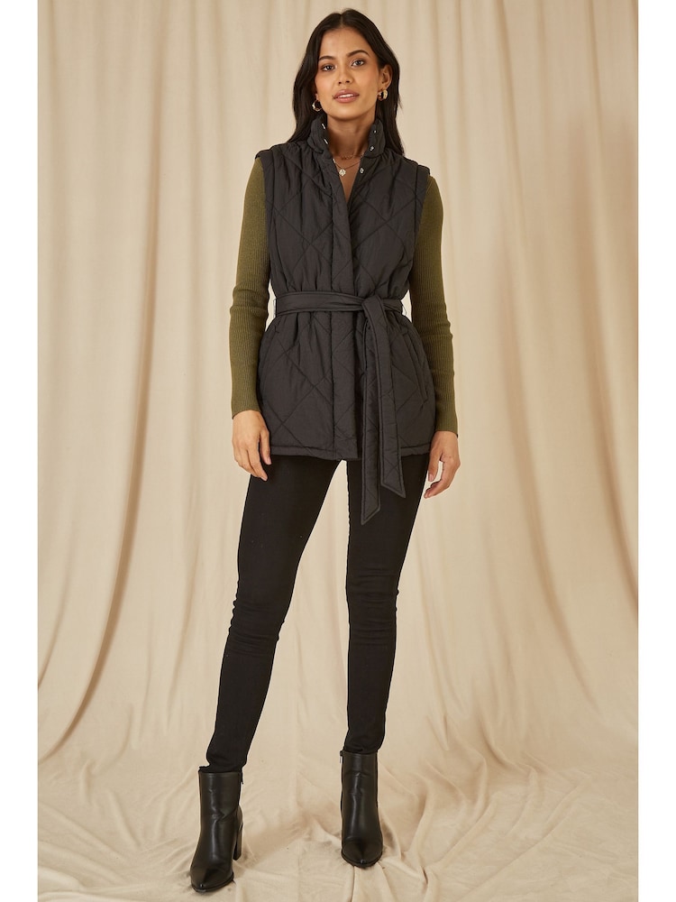 Yumi Black High Neck Quilted Gilet With Belt - Image 2 of 5
