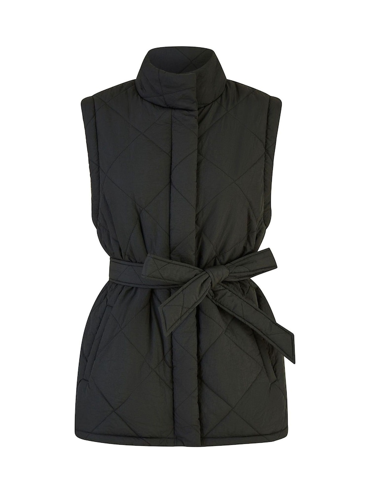 Yumi Black High Neck Quilted Gilet With Belt - Image 5 of 5