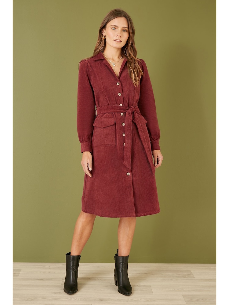 Yumi Red Corduroy Midi Shirt Dress - Image 1 of 5