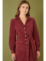 Yumi Red Corduroy Midi Shirt Dress - Image 2 of 5