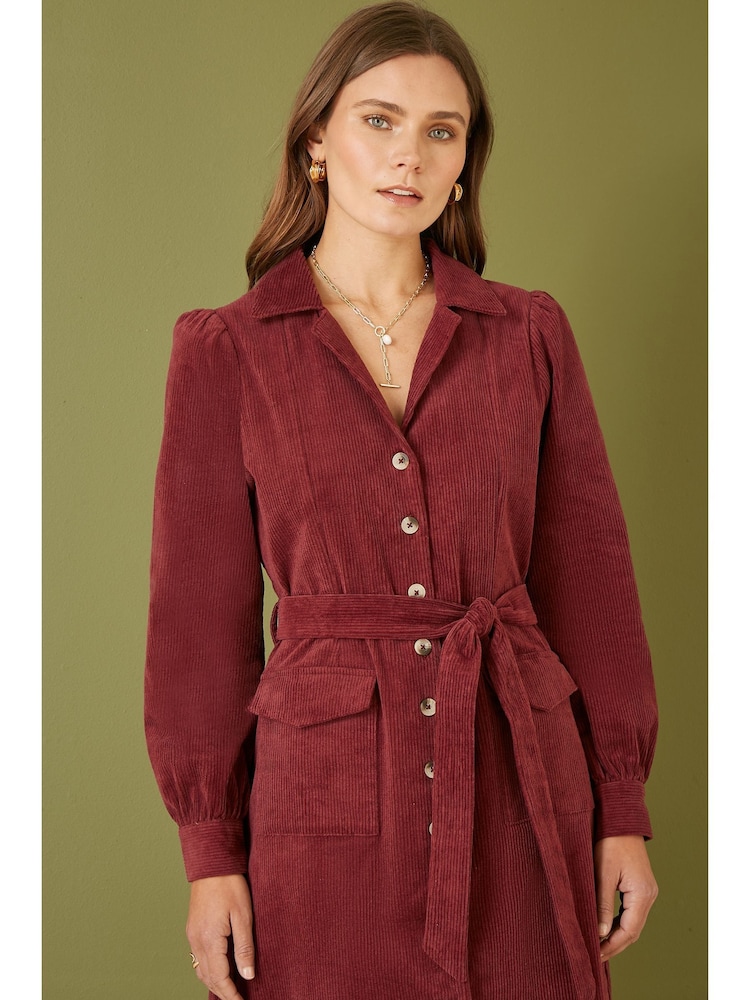 Yumi Red Corduroy Midi Shirt Dress - Image 2 of 5
