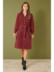 Yumi Red Corduroy Midi Shirt Dress - Image 3 of 5