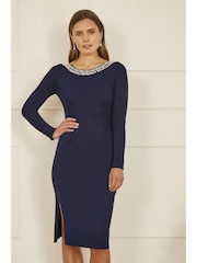 Yumi Blue Pearl Neckline Fitted Midi Knitted Dress - Image 1 of 5