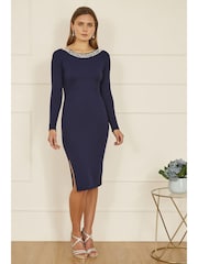 Yumi Blue Pearl Neckline Fitted Midi Knitted Dress - Image 2 of 5