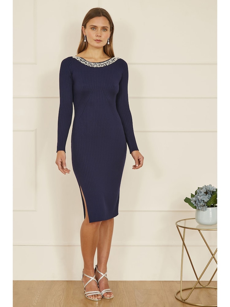 Yumi Blue Pearl Neckline Fitted Midi Knitted Dress - Image 2 of 5