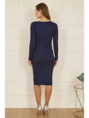 Yumi Blue Pearl Neckline Fitted Midi Knitted Dress - Image 4 of 5