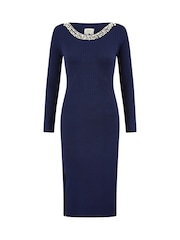 Yumi Blue Pearl Neckline Fitted Midi Knitted Dress - Image 5 of 5
