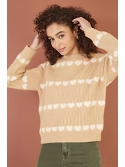 Yumi Brown Knitted Jumper With Heart Stripes - Image 1 of 5
