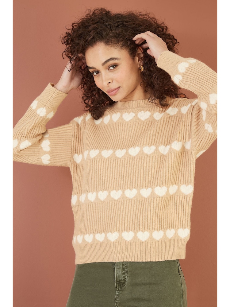 Yumi Brown Knitted Jumper With Heart Stripes - Image 1 of 5