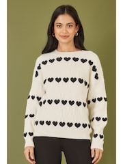 Yumi Cream Knitted Jumper With Heart Stripes - Image 1 of 5