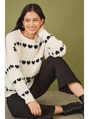 Yumi Cream Knitted Jumper With Heart Stripes - Image 3 of 5