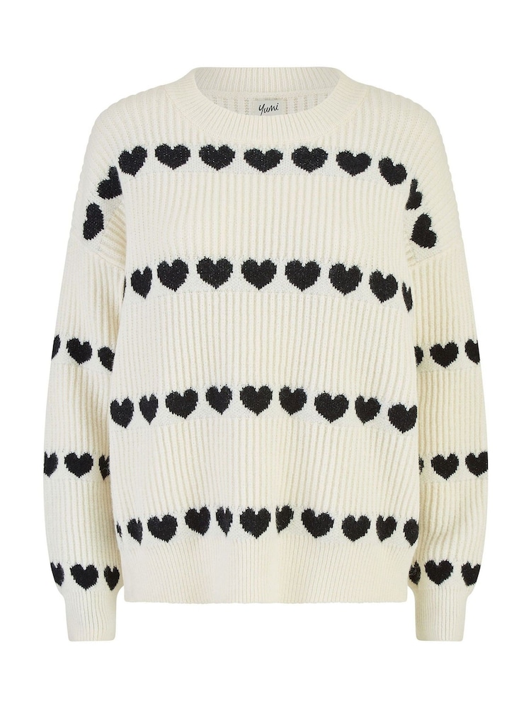 Yumi Cream Knitted Jumper With Heart Stripes - Image 5 of 5