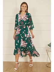 Yumi Green Floral Kimono Dipped Hem Dress - Image 1 of 5