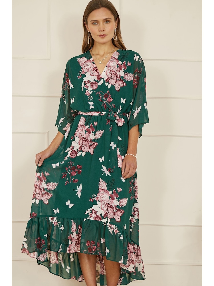 Yumi Green Floral Kimono Dipped Hem Dress - Image 2 of 5