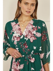 Yumi Green Floral Kimono Dipped Hem Dress - Image 3 of 5