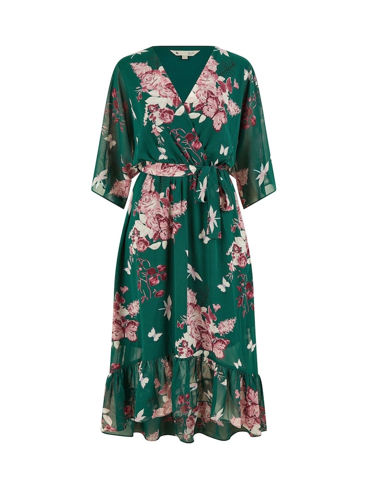 Yumi Green Floral Kimono Dipped Hem Dress - Image 5 of 5