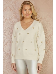 Yumi Cream Sequin Heart V-Neck Jumper - Image 1 of 5