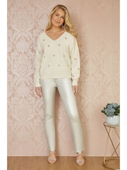 Yumi Cream Sequin Heart V-Neck Jumper - Image 2 of 5